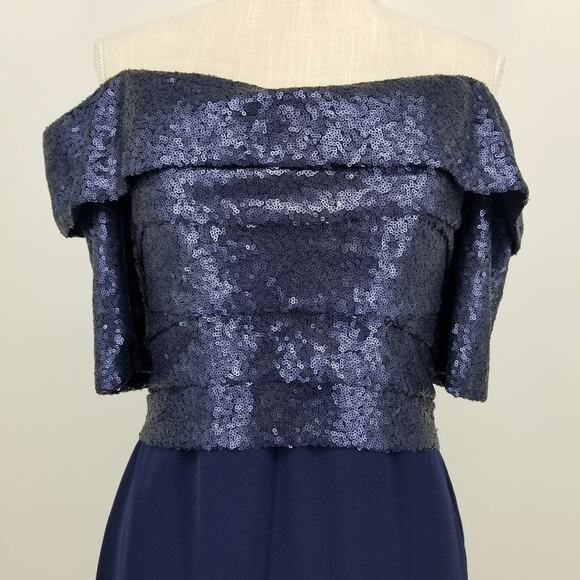 Rene Ruiz Collection Evening Dress 4 Sequins Off The Shoulder Column Navy Blue - Picture 5 of 16